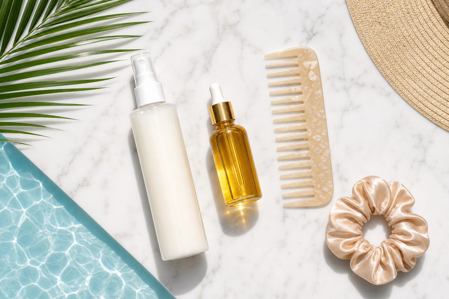 Productos para proteger el cabello del cloro: acondicionador, aceite y peine de púas anchas