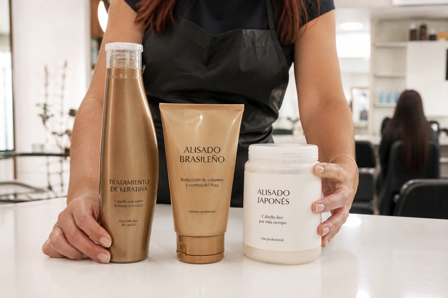 Tipos de alisado en peluquería: keratina, brasileño y japonés sobre mostrador de salón