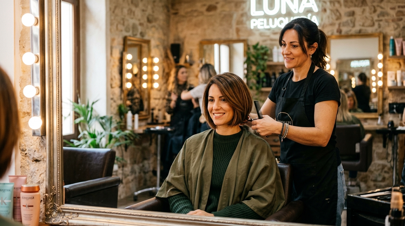 Mujer con corte bob de otono mirandose al espejo del salon con estilista ajustando el acabado, luz calida de peluqueria