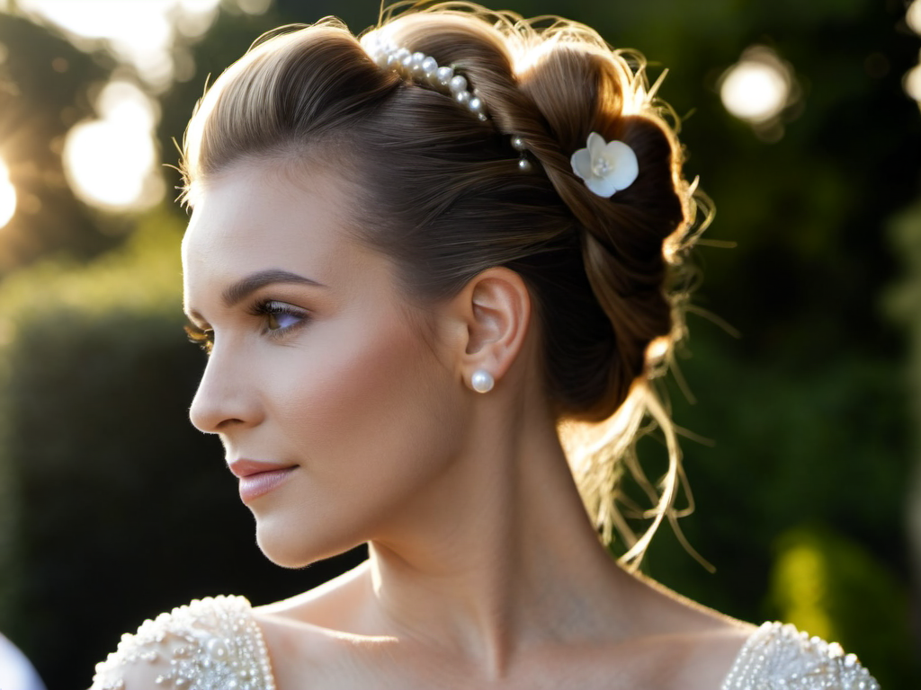 Recogido bajo con perlas y flores para invitada de boda en verano