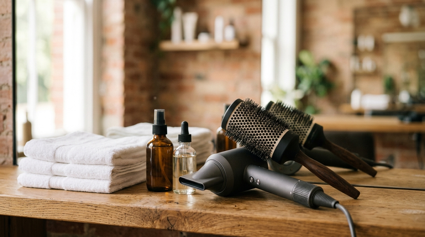 Herramientas de brushing profesional: cepillo redondo, secador iónico y productos de styling en mostrador de peluquería
