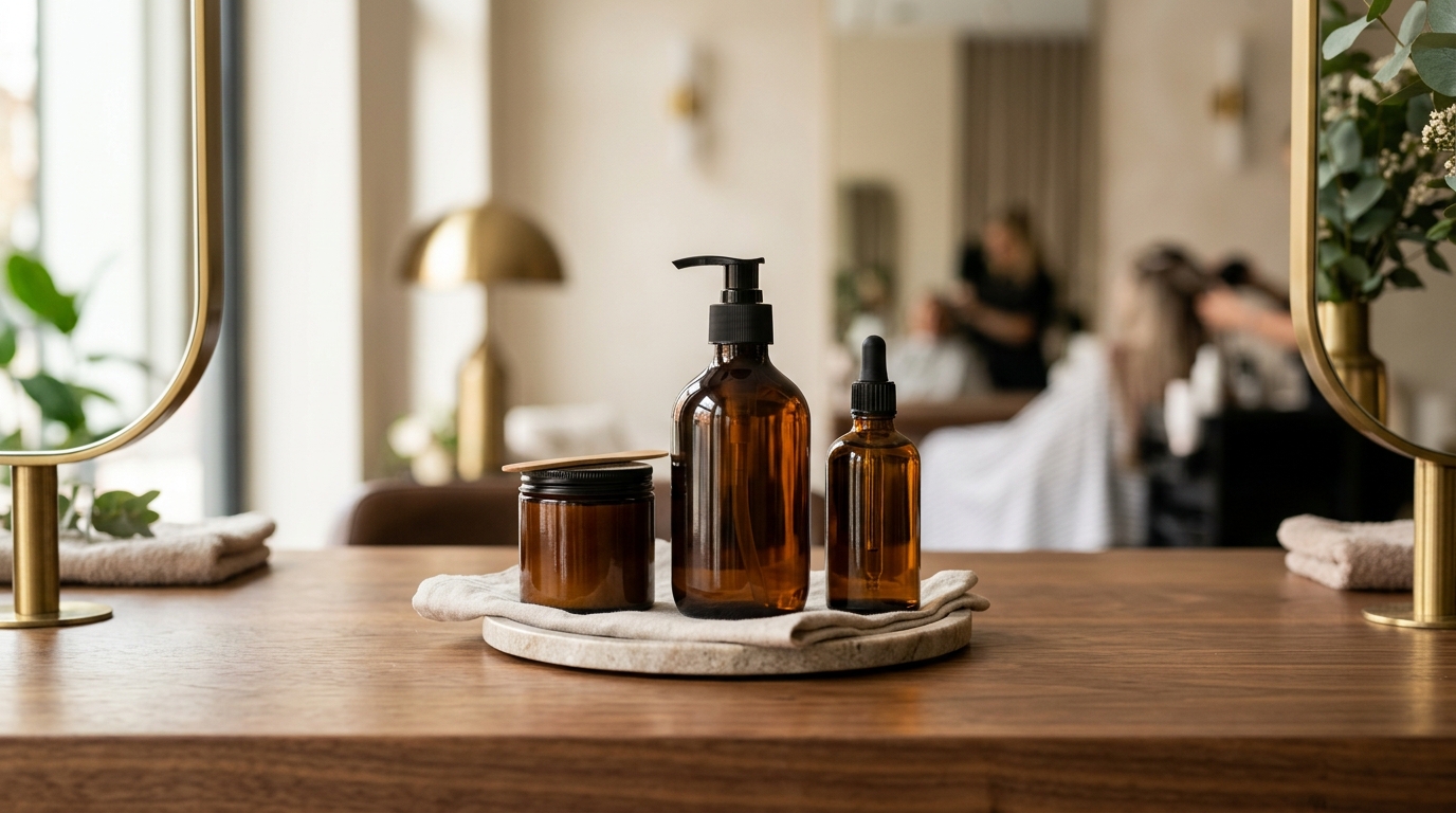 Champú clarificante, exfoliante de cuero cabelludo y tratamiento equilibrante para cabello graso en mostrador de peluquería