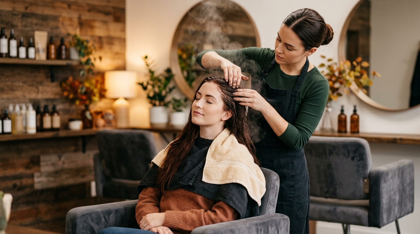 Estilista aplicando tratamiento detox de cuero cabelludo en peluquería con ambiente cálido de otoño