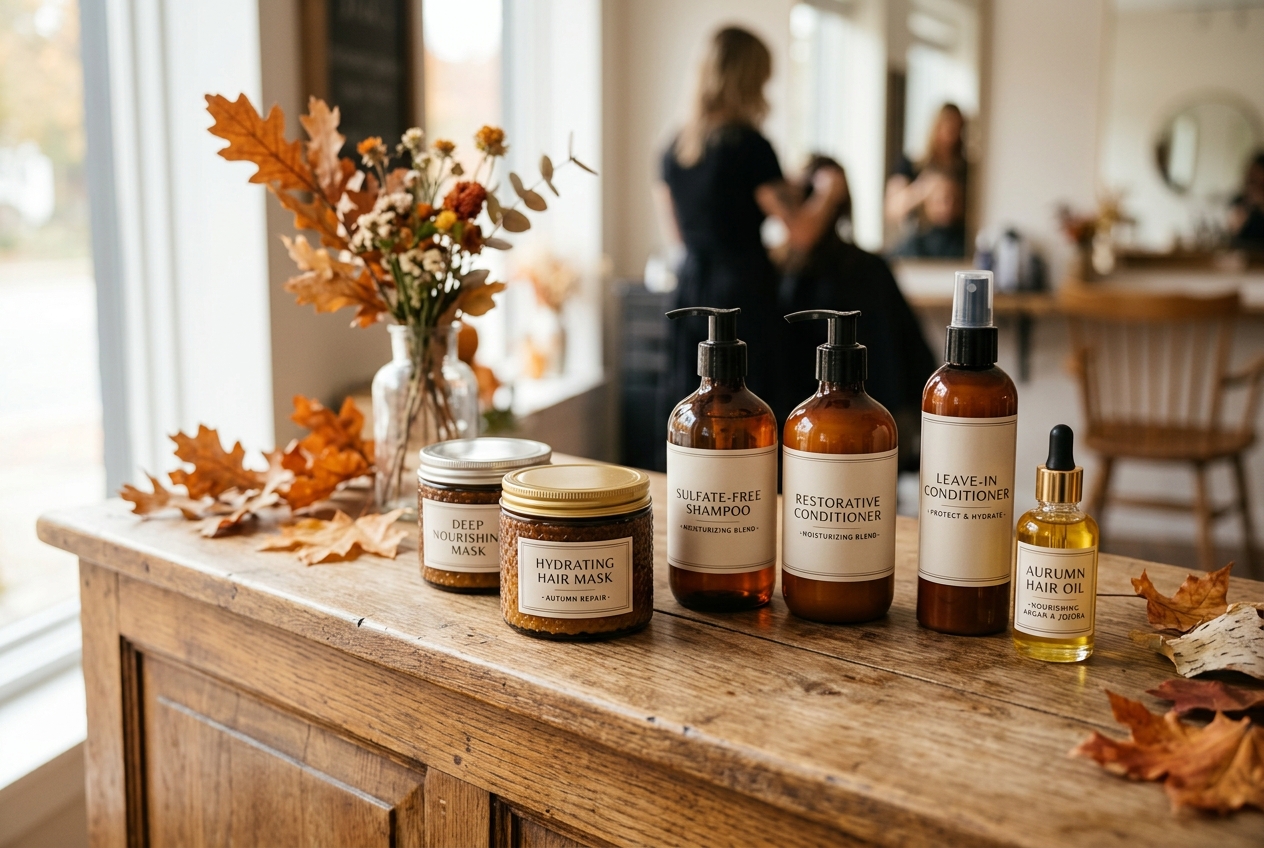 Productos profesionales de hidratación capilar para la transición de verano a otoño sobre mostrador de madera en peluquería