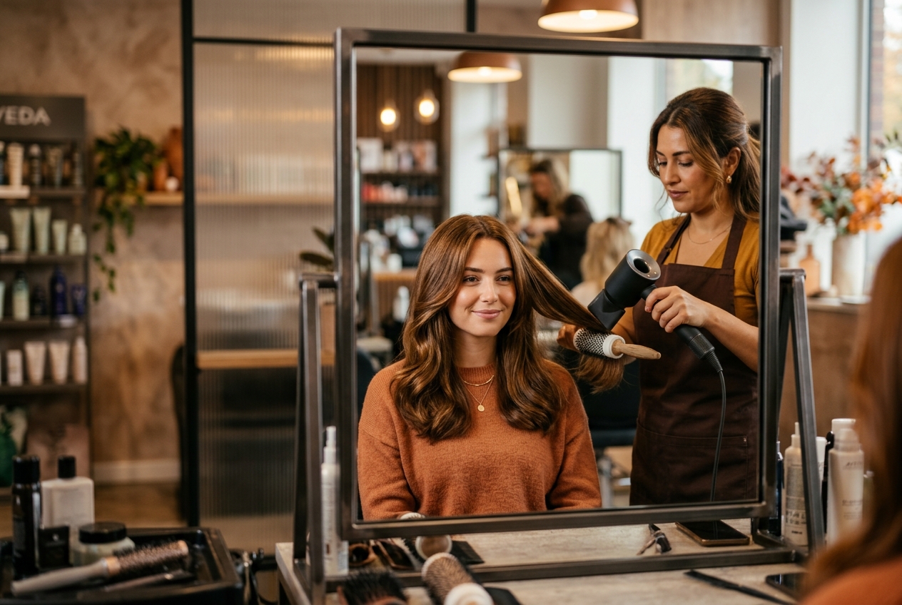 Cliente satisfecha con cabello brillante y saludable tras tratamiento de transición estacional en peluquería moderna