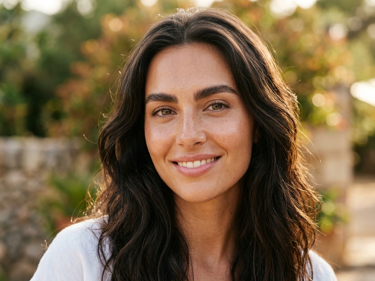 Mujer con cejas perfectas y piel con brillo de verano