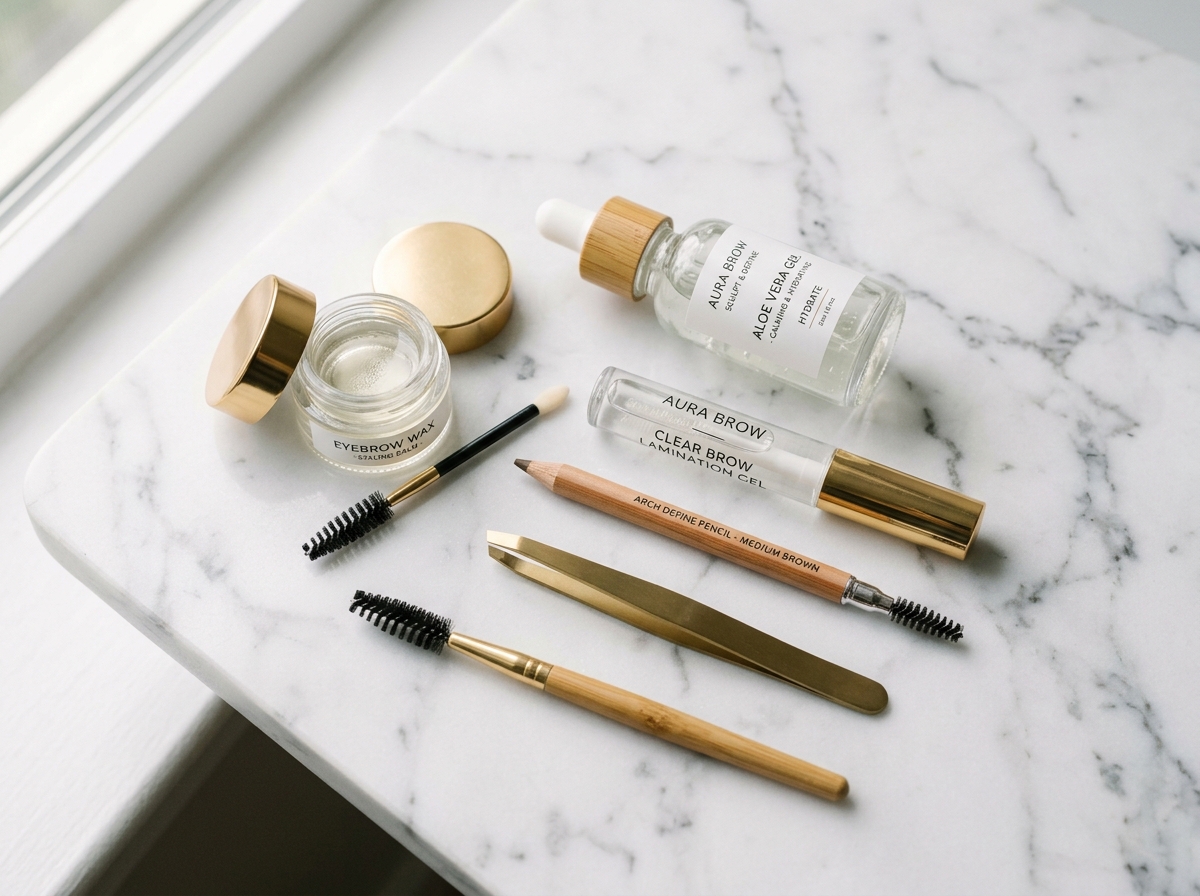 Productos de cuidado de cejas: cera, espulie, pinzas, lapiz y gel de laminacion sobre marmol blanco