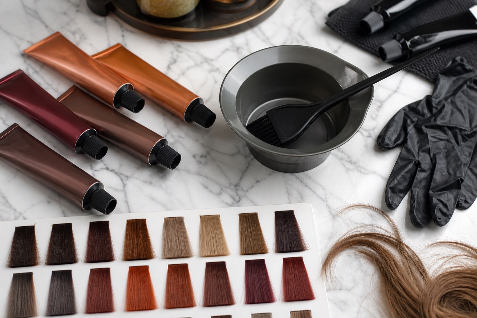 Productos profesionales de coloracion capilar en tonos otonales: cobre, castano, rubio frio y burgundy