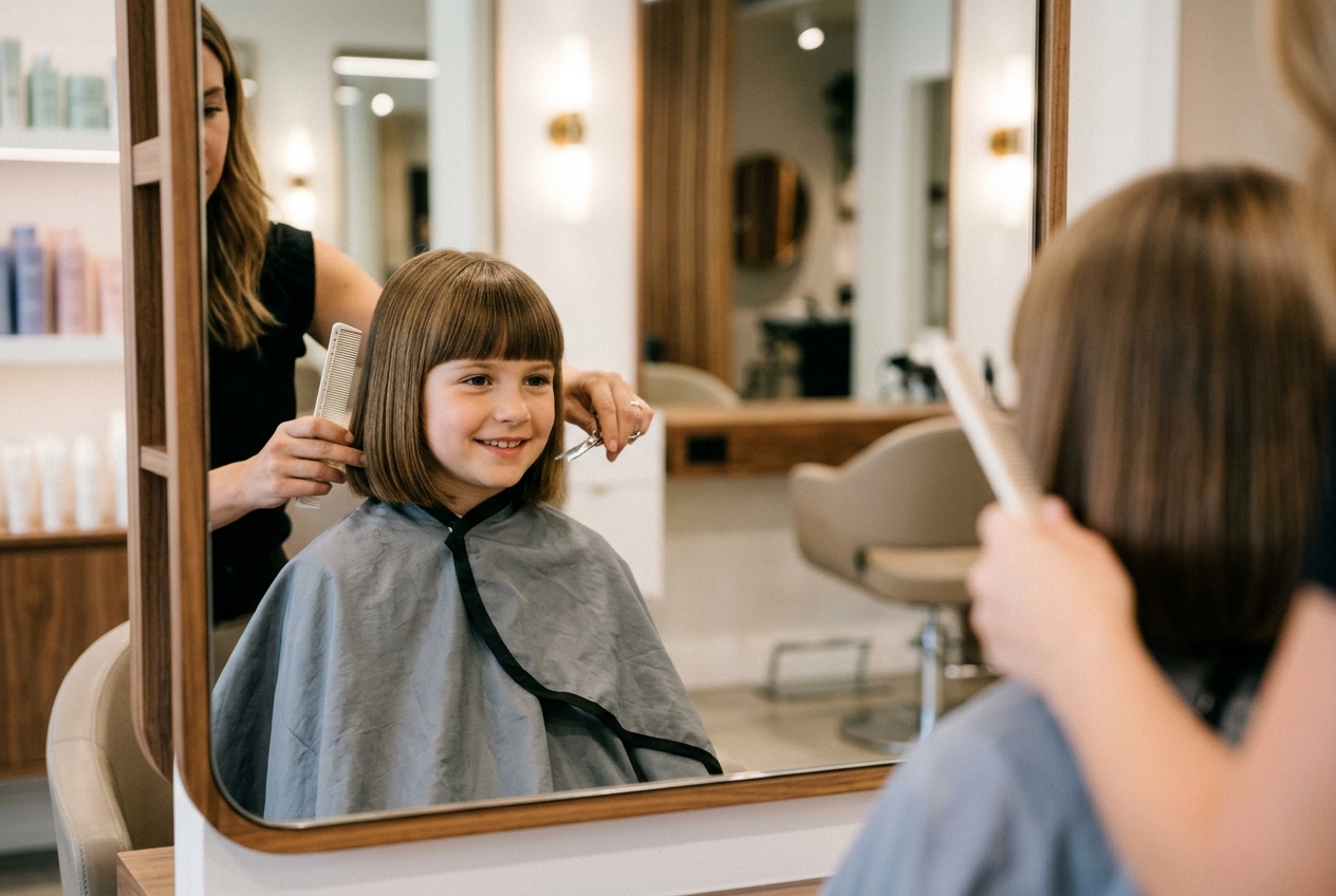 Nina con corte de pelo escolar recien hecho en peluqueria, resultado pulido en espejo del salon