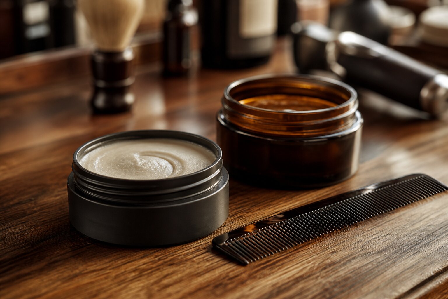 Productos de peinado masculino para otoño: cera mate, pomada y peine en barbería profesional