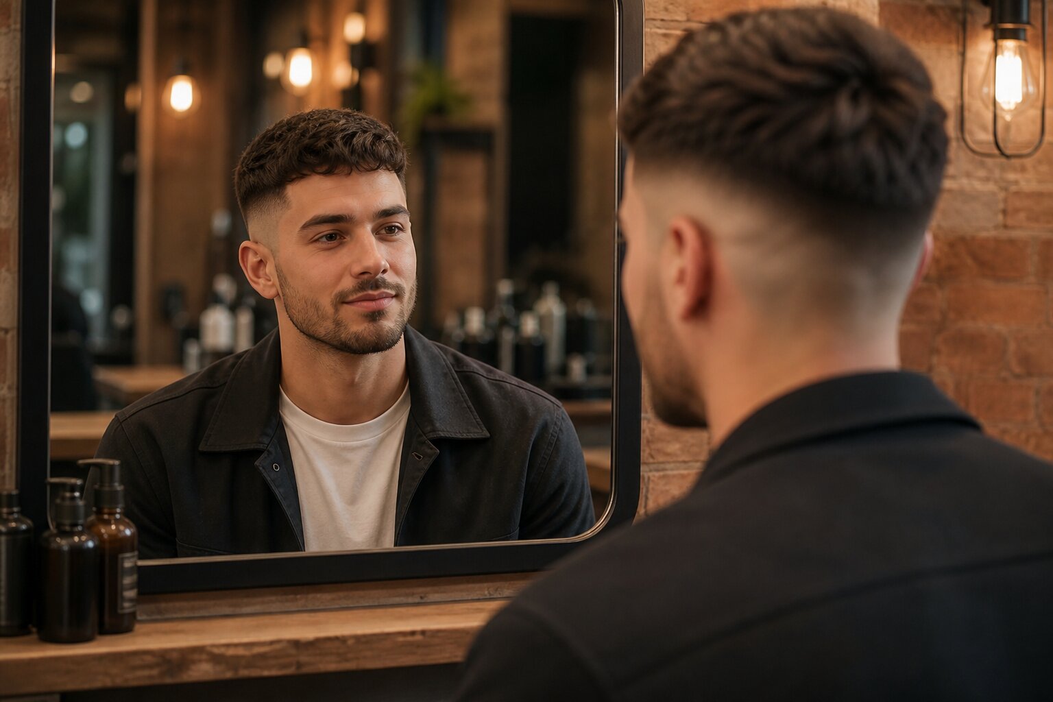 Hombre con corte textured crop y mid fade en barbería, resultado profesional para otoño 2026