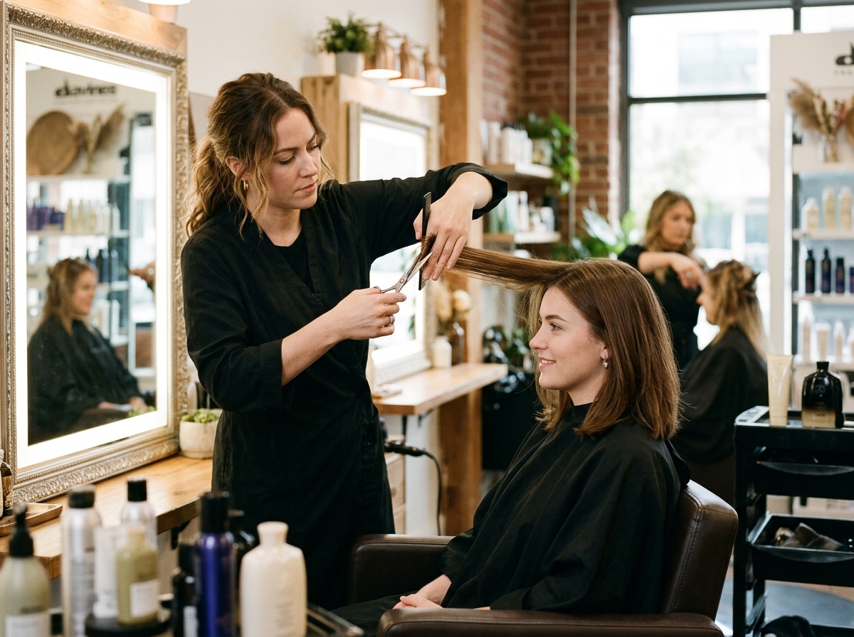 Peluquera cortando un lob con tijeras profesionales en salón moderno