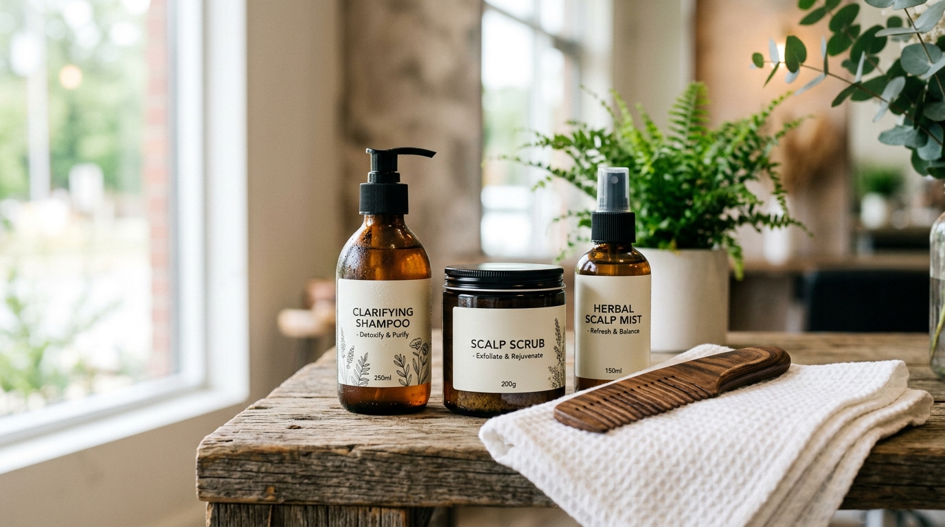 Productos profesionales para detox capilar de fin de verano: champu clarificante, exfoliante de cuero cabelludo, spray detox y peine de dientes anchos en mostrador de salon