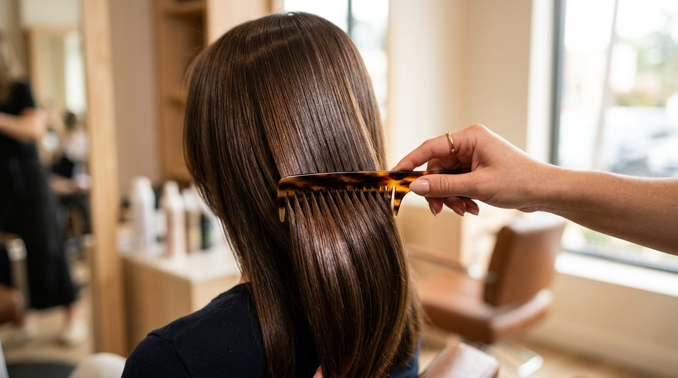 Puntas de cabello castano sano y brillante tras un tratamiento detox capilar profesional de fin de verano en peluqueria