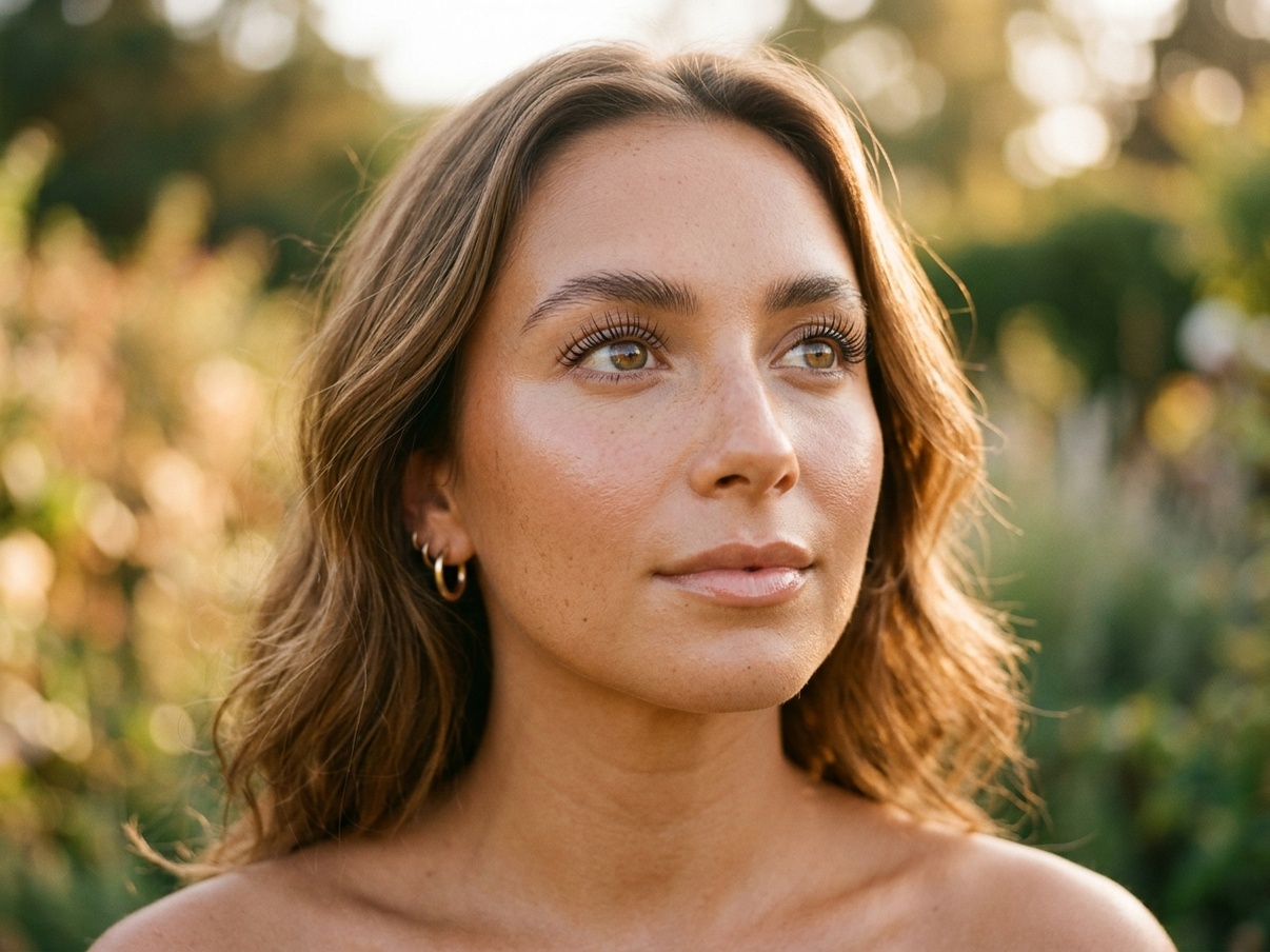 Mujer con pestanas lifting curvadas y definidas en verano, sin mascara