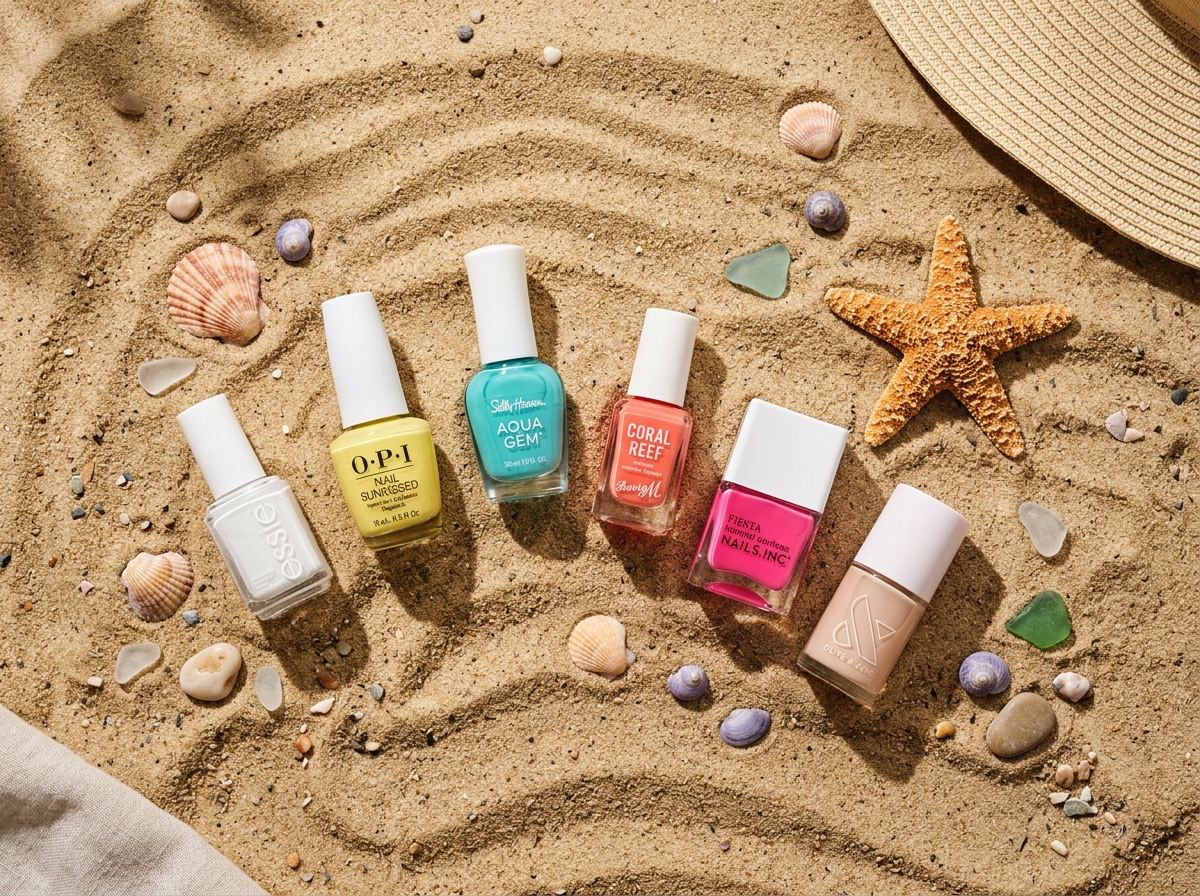 Colección de esmaltes de colores de verano 2026 sobre fondo de arena y conchas de playa