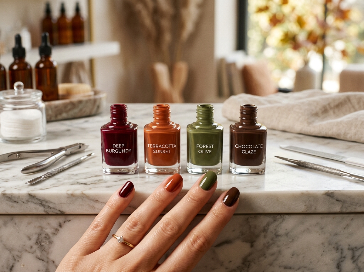 Colores de manicura otoño 2026: burgundy, terracota, verde oliva y marrón chocolate en salón