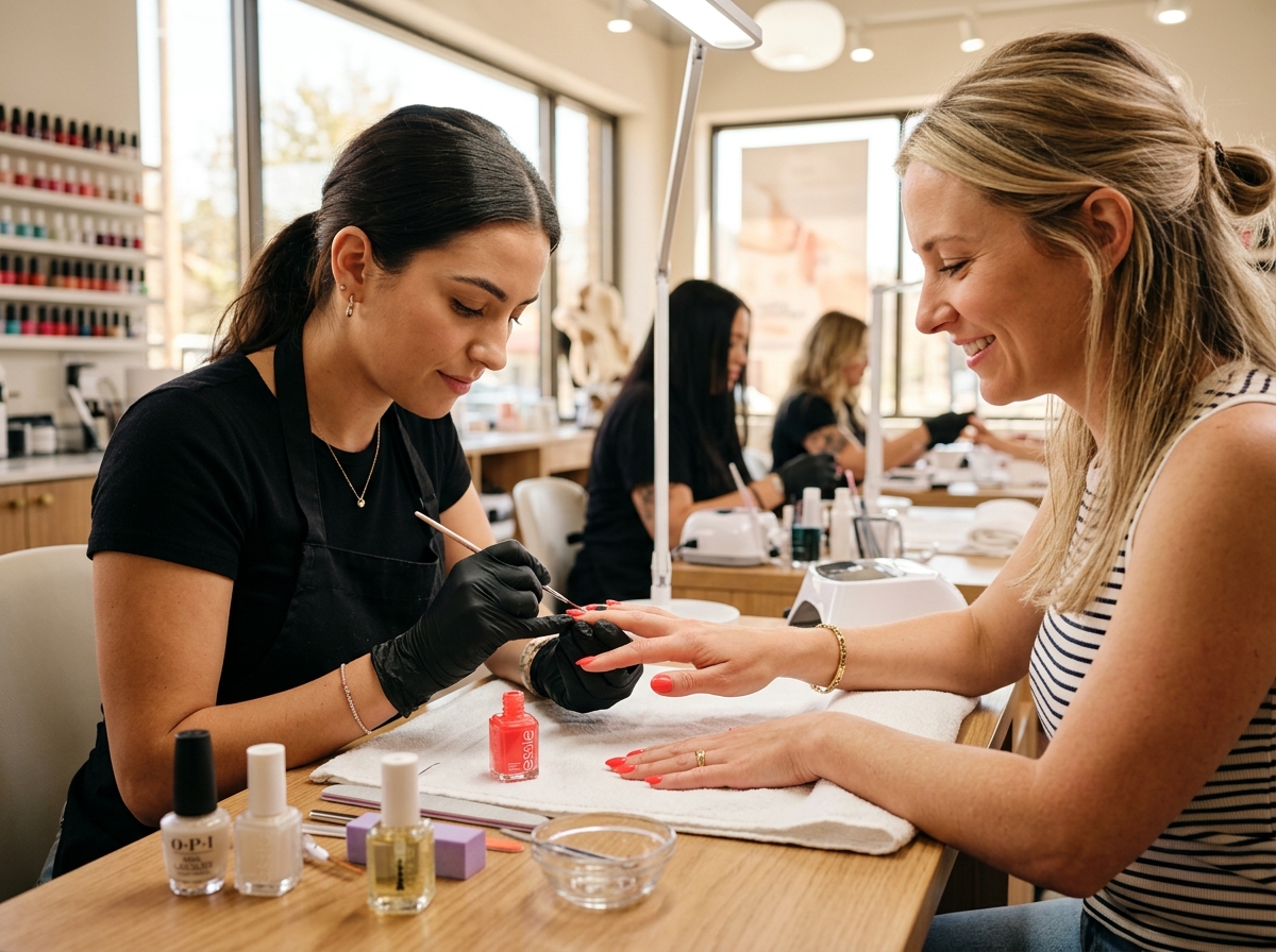 Manicurista aplicando esmalte coral en salón de belleza durante el verano
