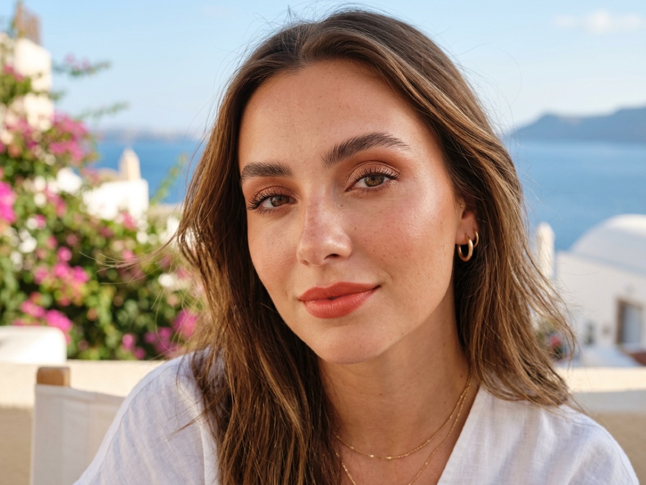 Mujer joven con maquillaje de verano fresco: piel luminosa, labios coral y sombra bronceada, luz natural exterior