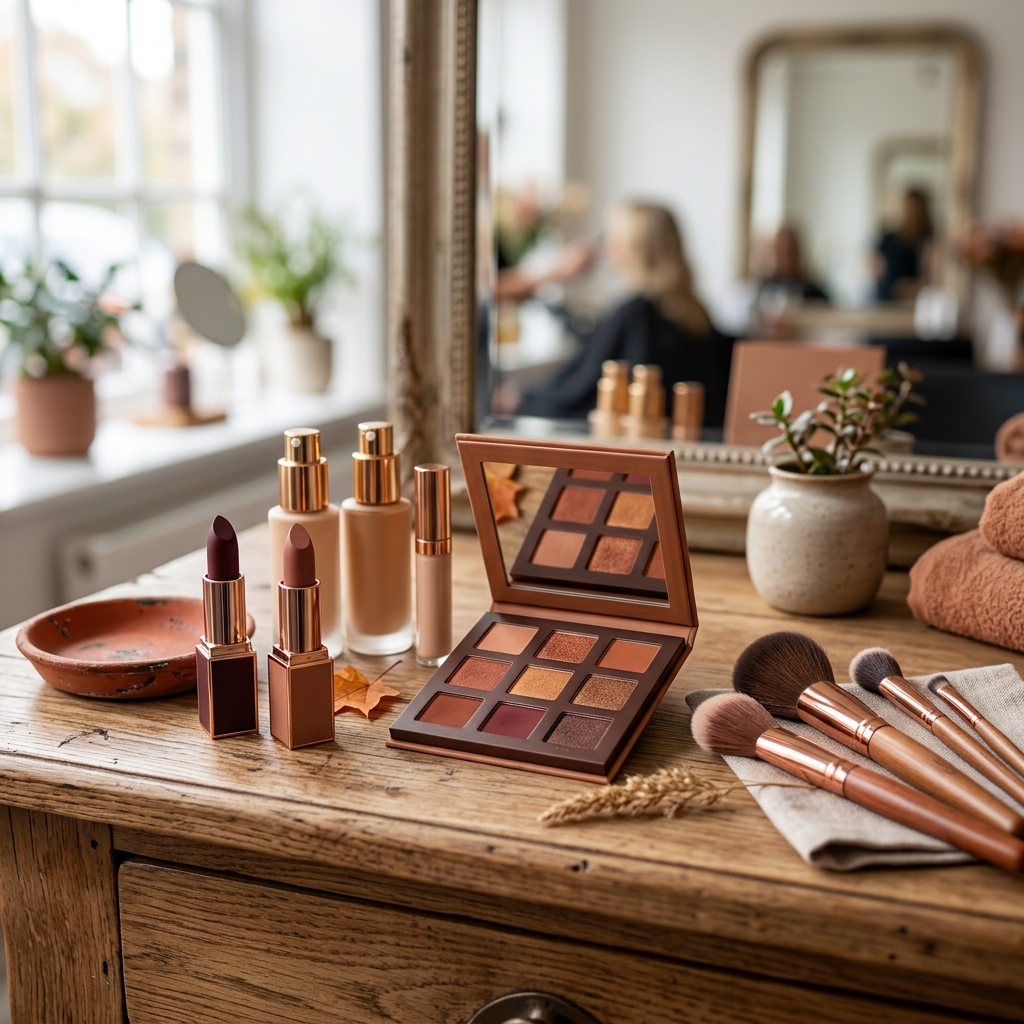 Productos de maquillaje otoño 2026: paleta de sombras cálidas, labiales burgundy y brochas en tocador de salón