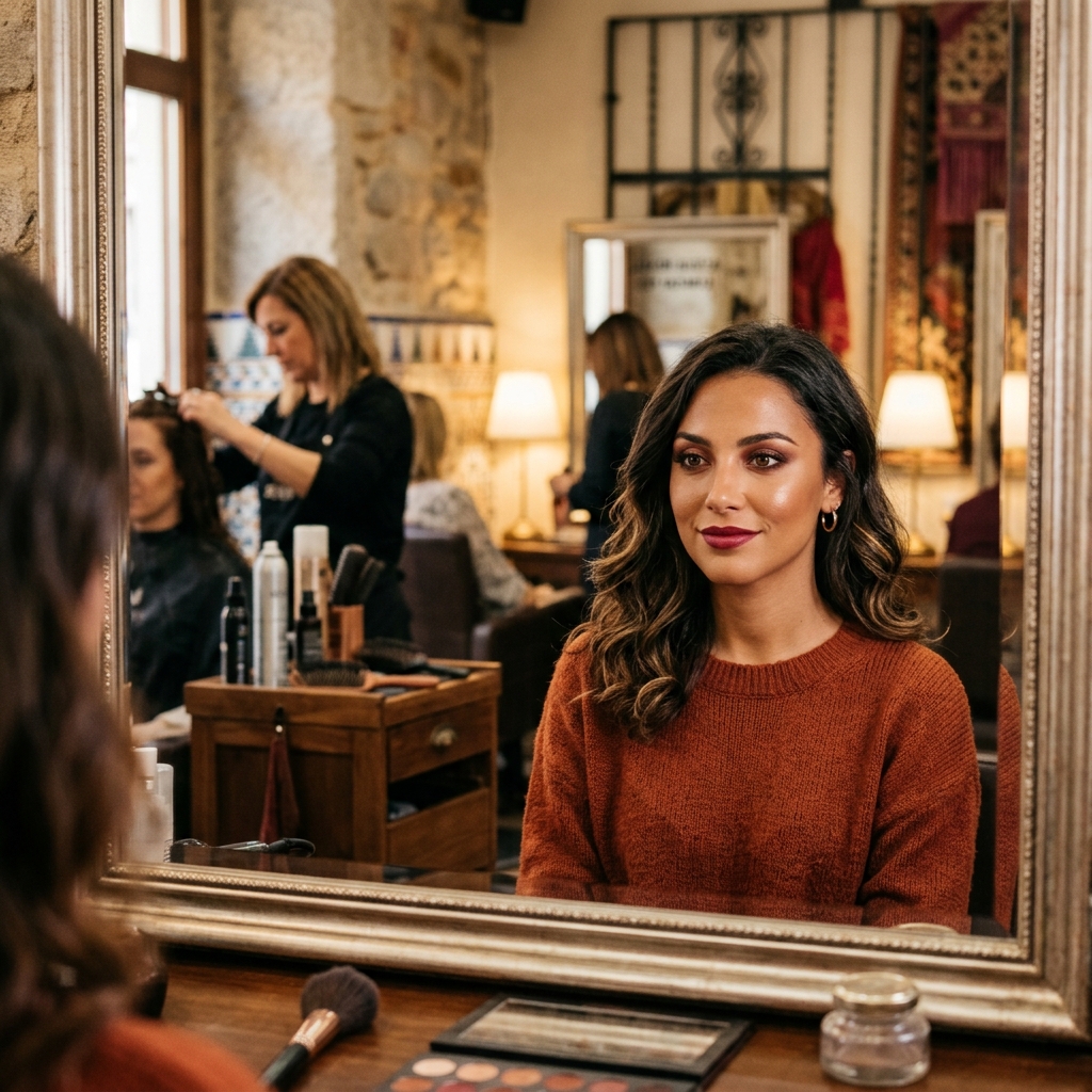 Mujer con maquillaje otoño 2026 profesional: piel luminosa, labios berry y ojos ahumados suaves en espejo de salón