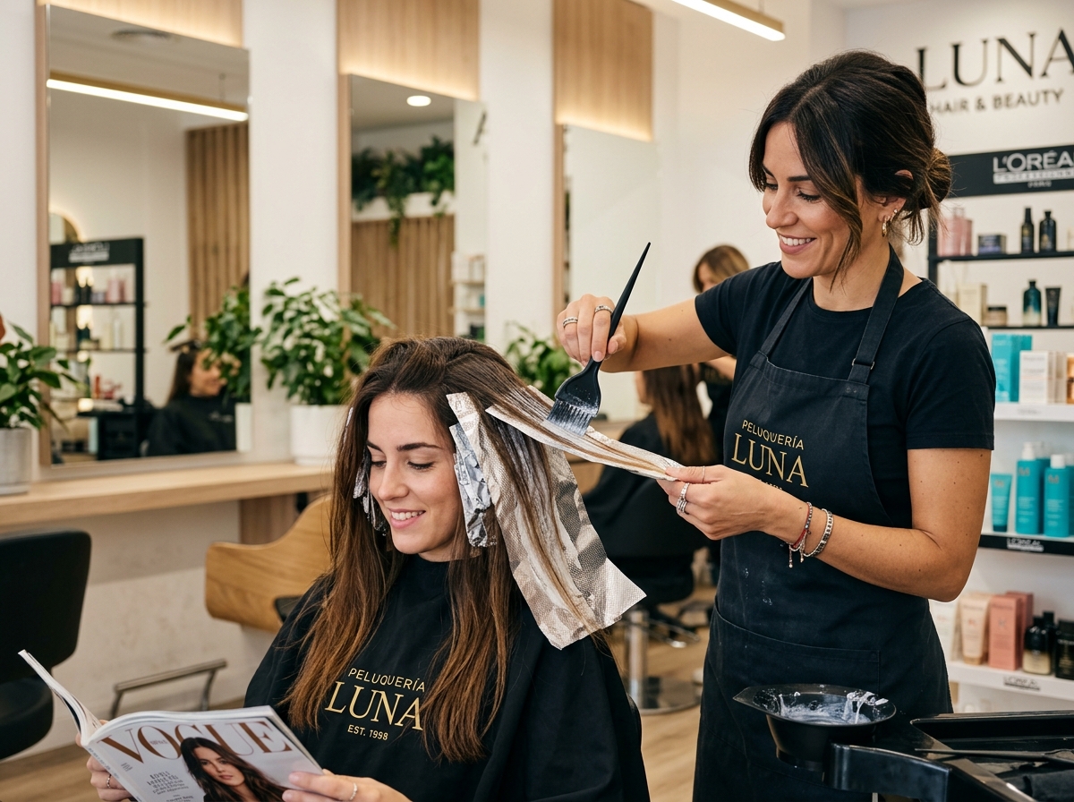 Colorista aplicando balayage con pincel en salón de peluquería