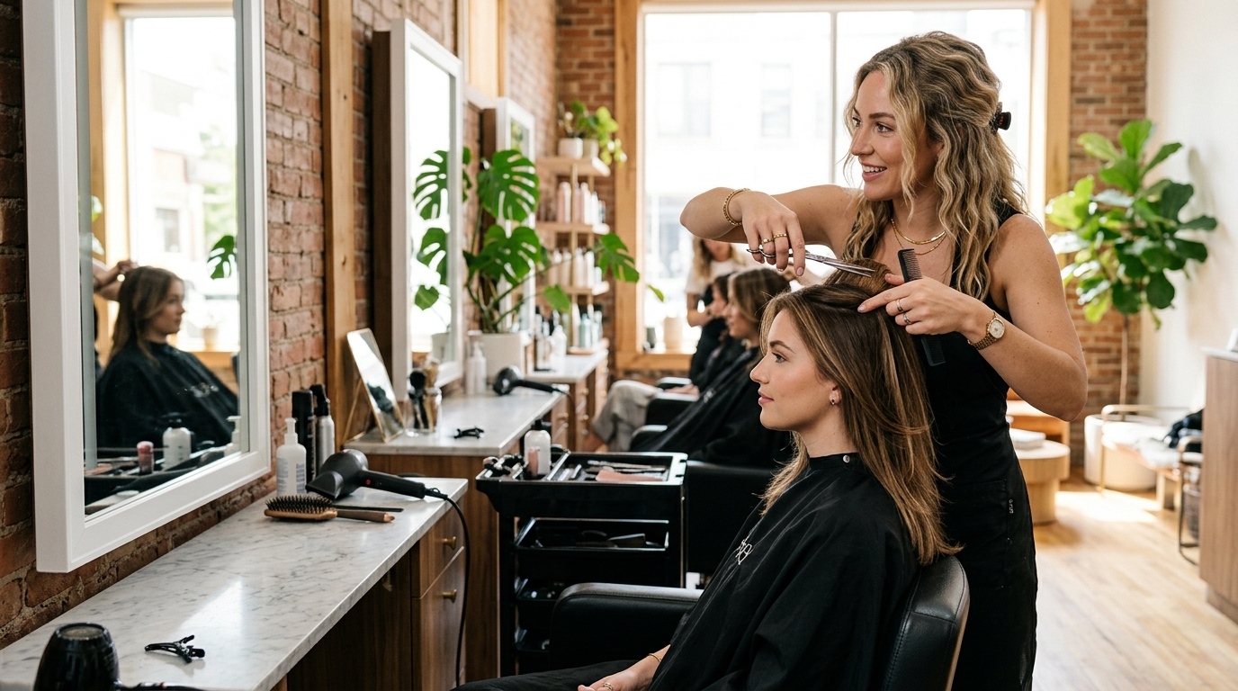 Peluquera mostrando tecnica de corte en capas en media melena en cabina de peluqueria