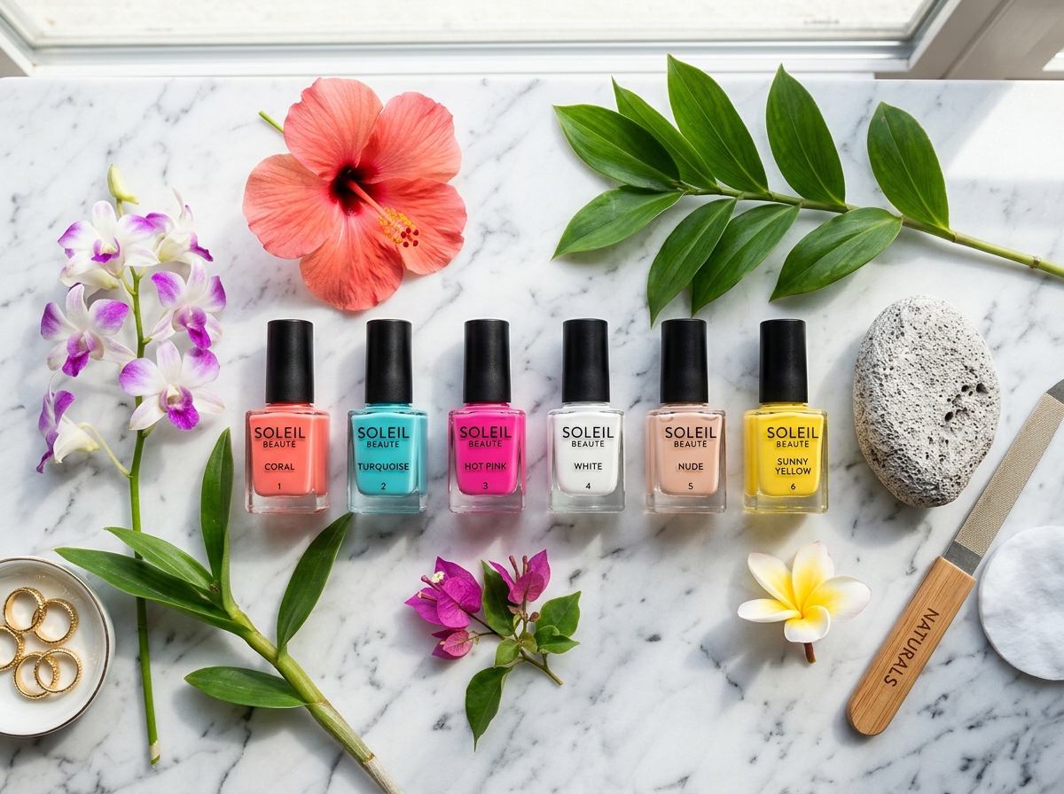 Coleccion de esmaltes de colores para pedicura de verano 2026 sobre marmol blanco