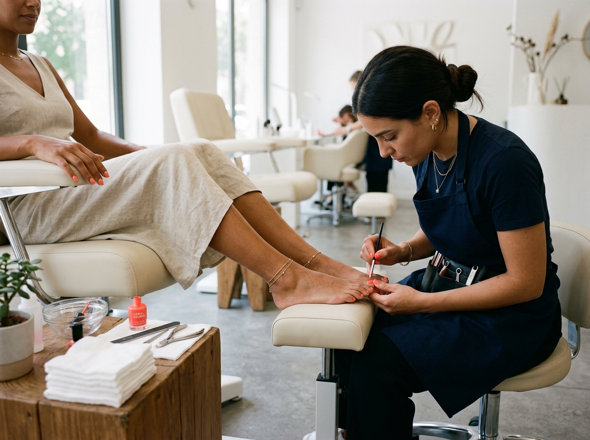 Esteticista realizando pedicura profesional en salon de belleza en verano