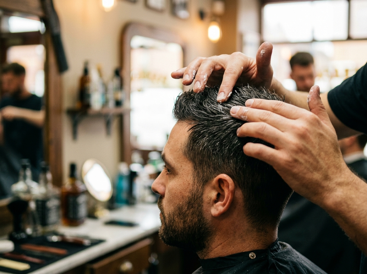 Barbero aplicando cera de peinado en corte masculino de verano