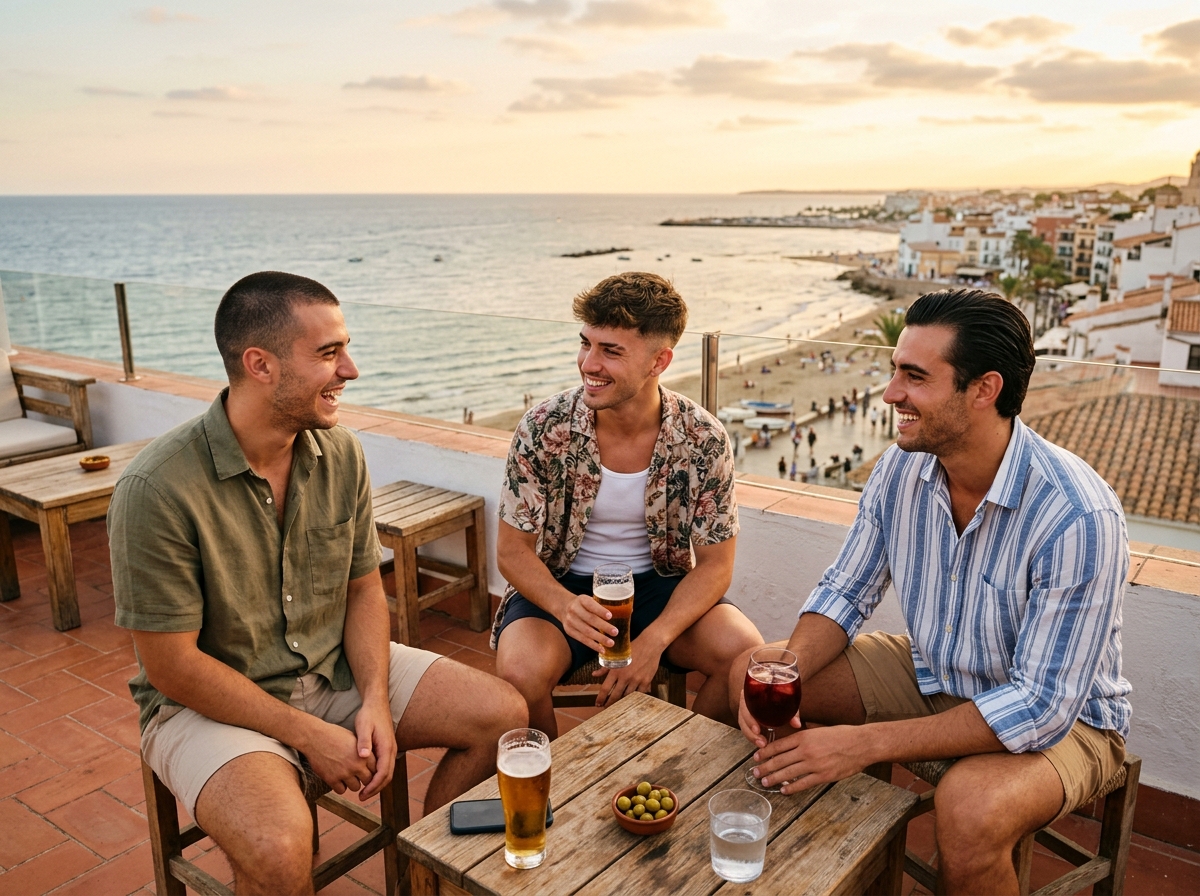 Tres jóvenes con diferentes cortes de verano: buzz cut, textured crop y slick back en entorno mediterráneo