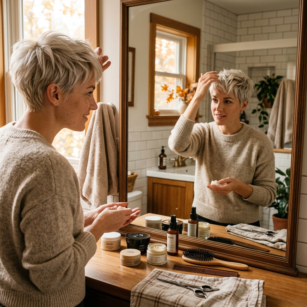 Mujer peinando su corte pixie frente al espejo del baño con luz de otoño