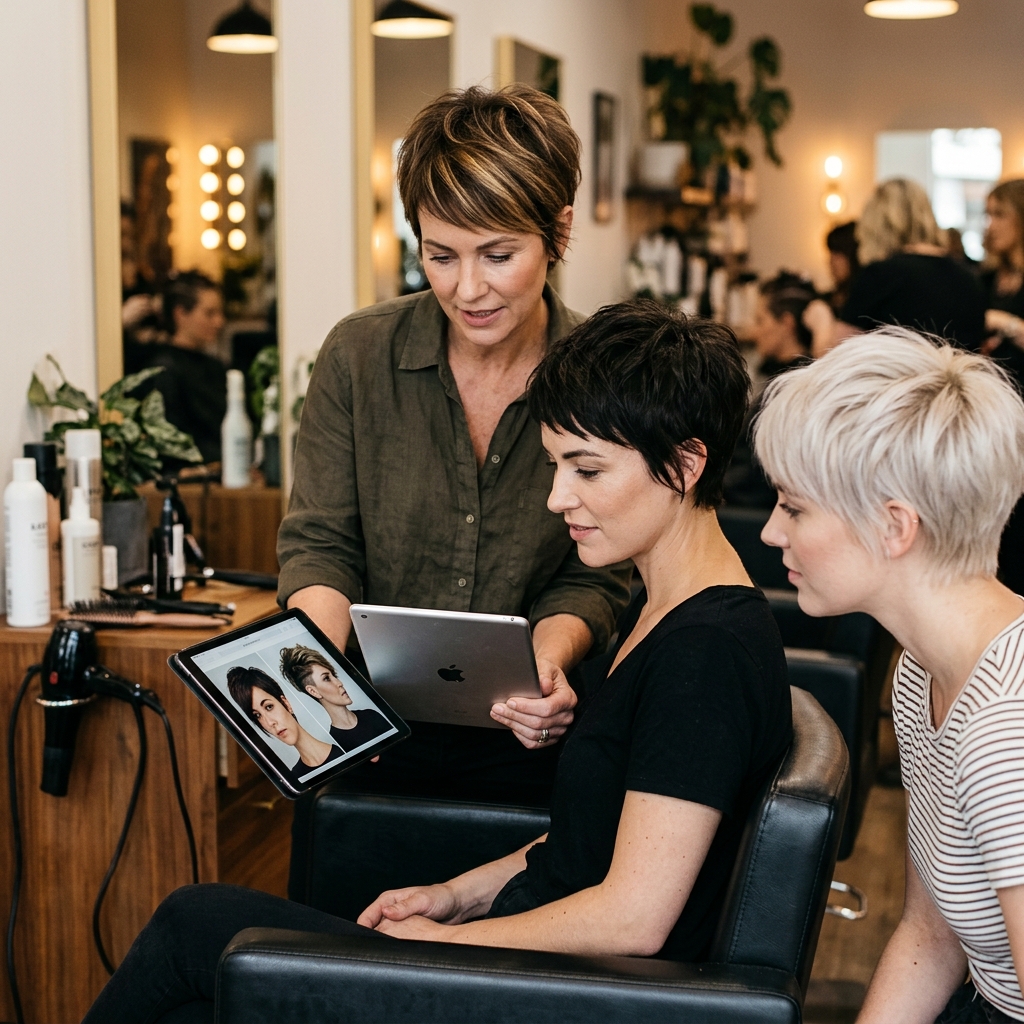 Variaciones de corte pixie en consulta de peluquería: estilista mostrando referencias al cliente