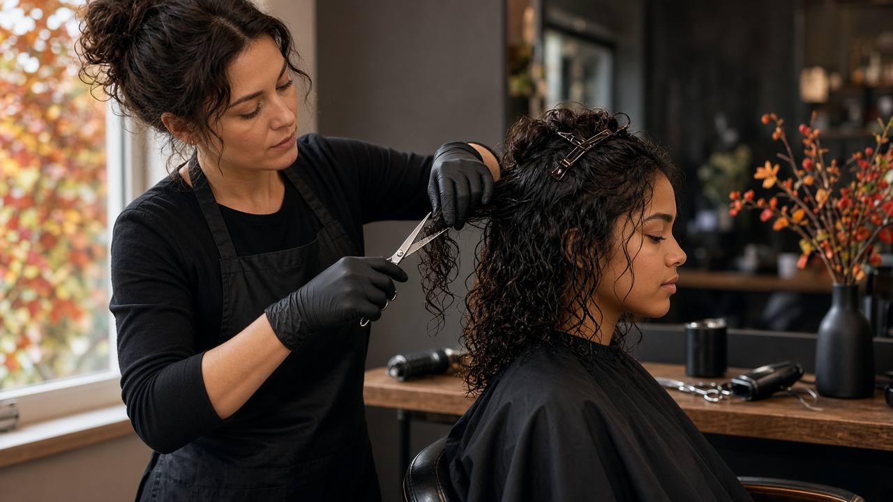 Estilista realizando un corte en seco para cabello rizado en peluquería