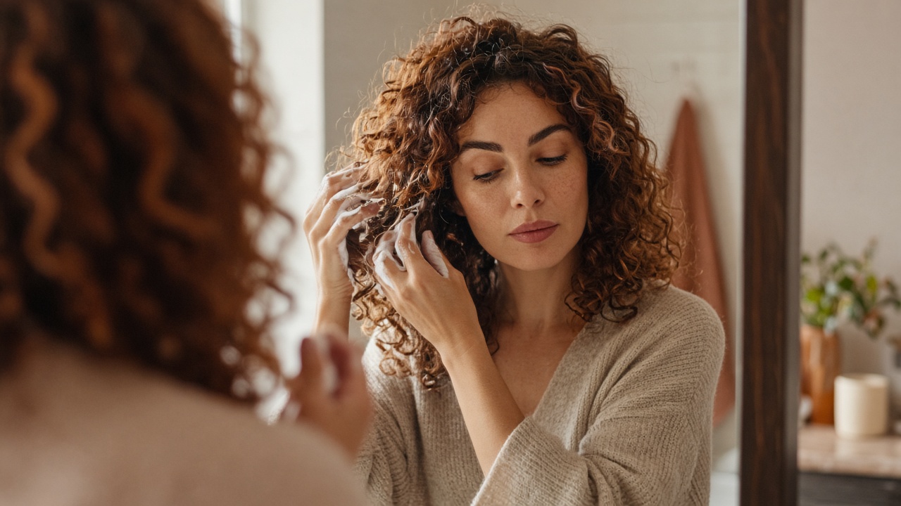 Mujer aplicando producto definidor en su rutina de cabello rizado en otoño