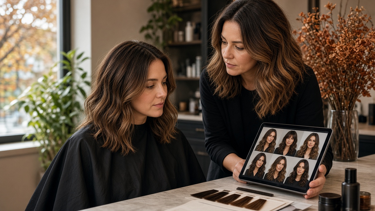 Consulta de color castaño y chocolate en peluquería: colorista y clienta revisando tonos otoñales