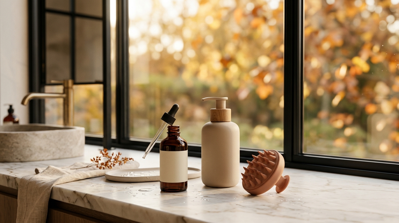 Rutina de cuidado del cuero cabelludo en casa otoño 2026: productos sobre encimera de baño