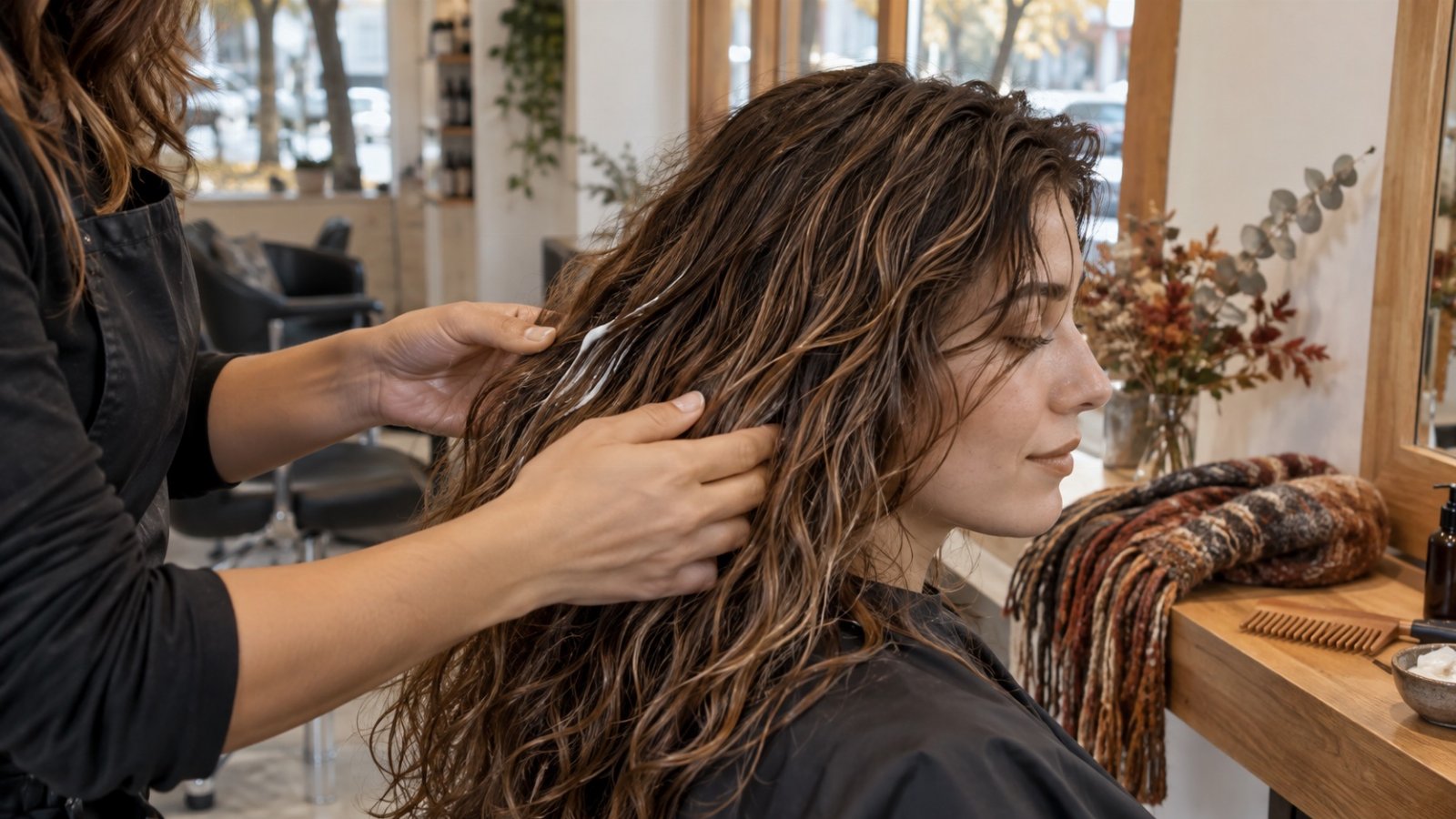Estilista aplica acondicionador sin aclarado en medios y puntas del cabello en un salón
