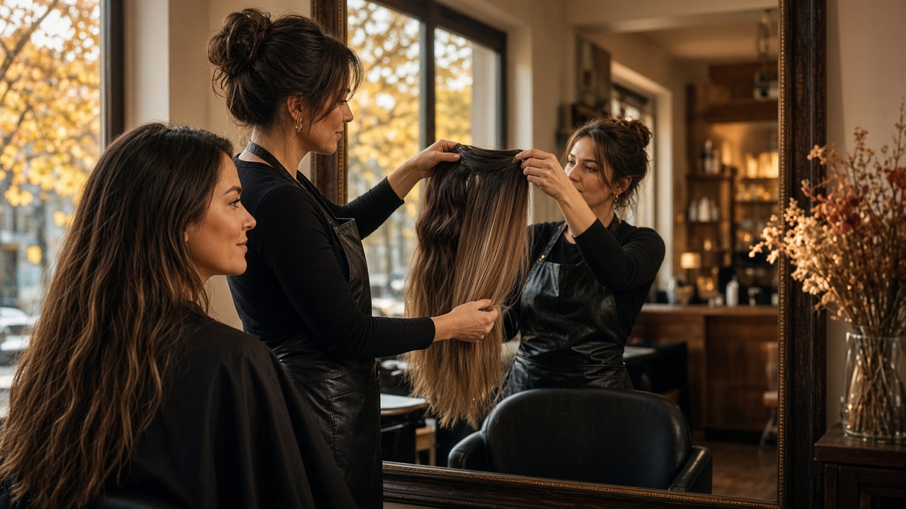 Consulta de extensiones de cabello en peluquería: clienta revisando el resultado en el espejo con su estilista