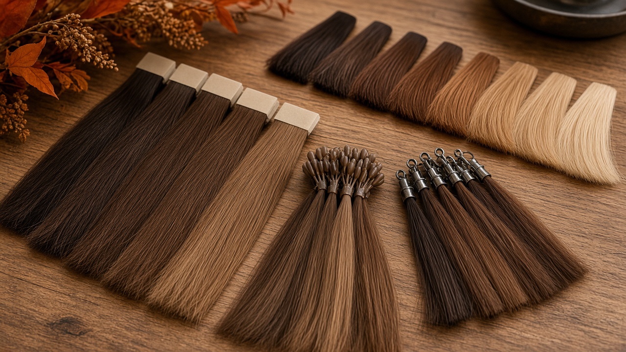 Tipos de extensiones de cabello en peluquería: tape in, microcápsulas y mechones de queratina sobre mostrador profesional