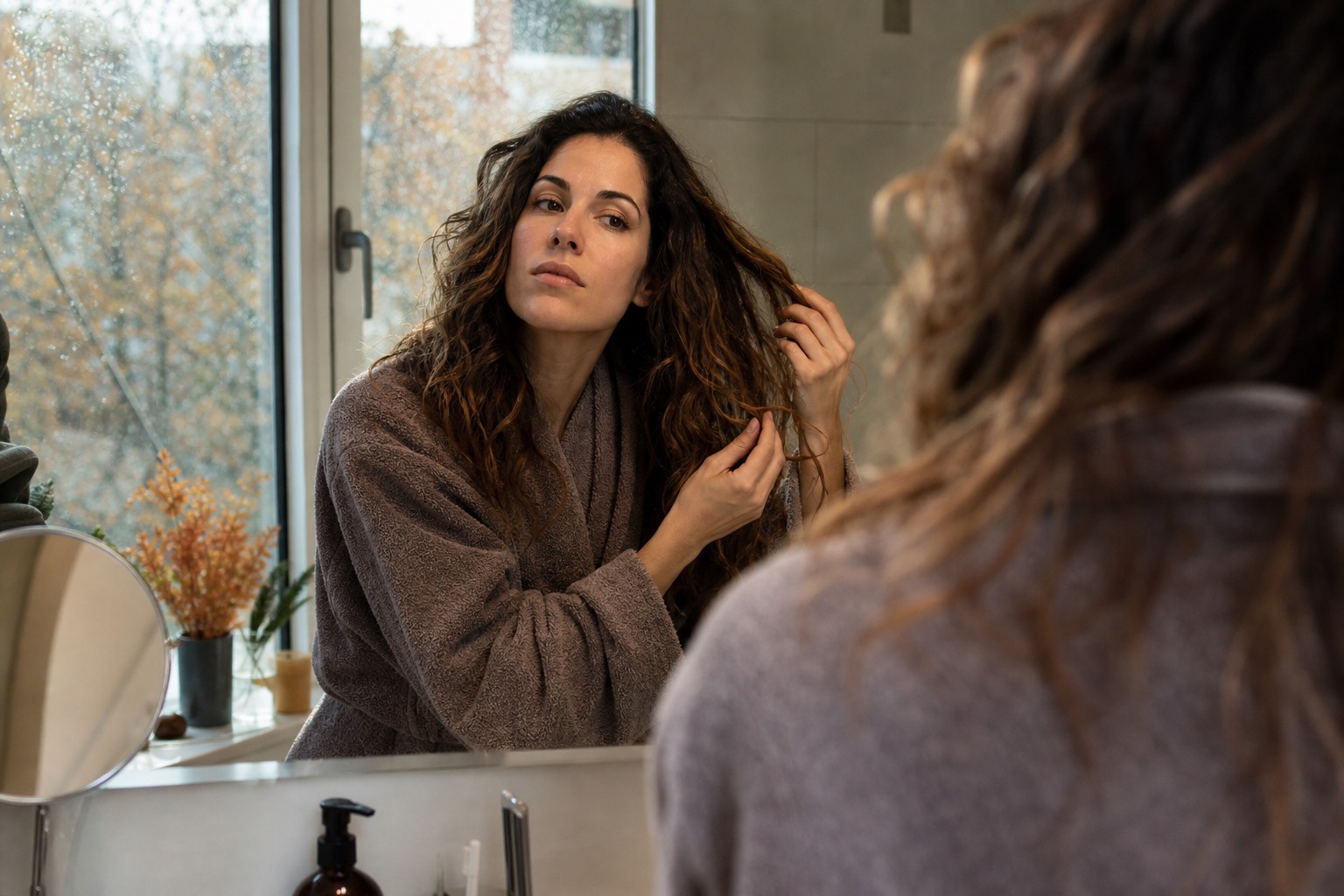 Mujer comprobando el encrespamiento del cabello en otoño frente al espejo