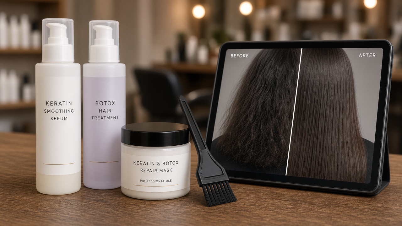Productos de keratina y botox capilar en peluquería: sueros, mascarillas y aplicadores profesionales