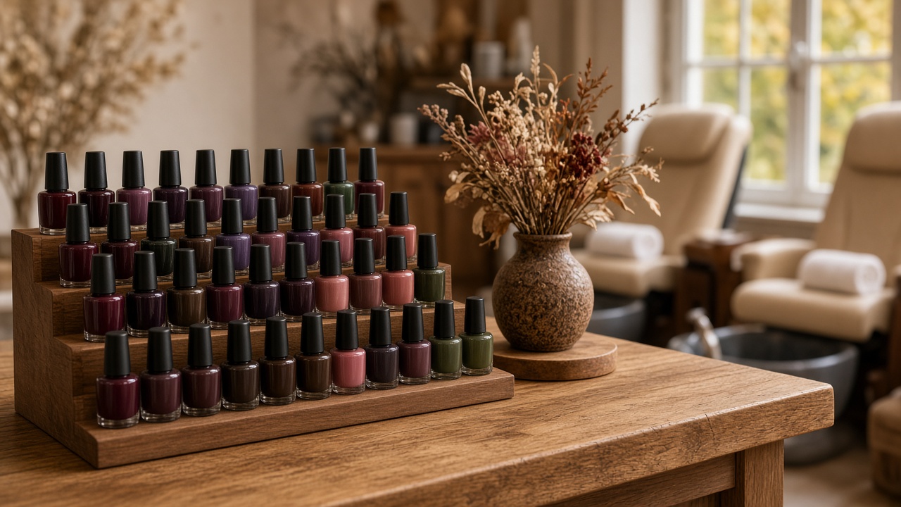 Selección de esmaltes de pedicura otoño 2026 en mostrador de salón
