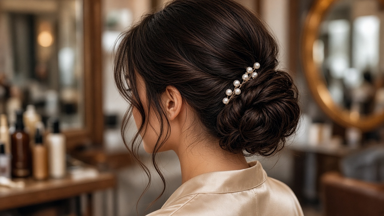 Recogido bajo elegante con perlas para invitada de boda en otoño
