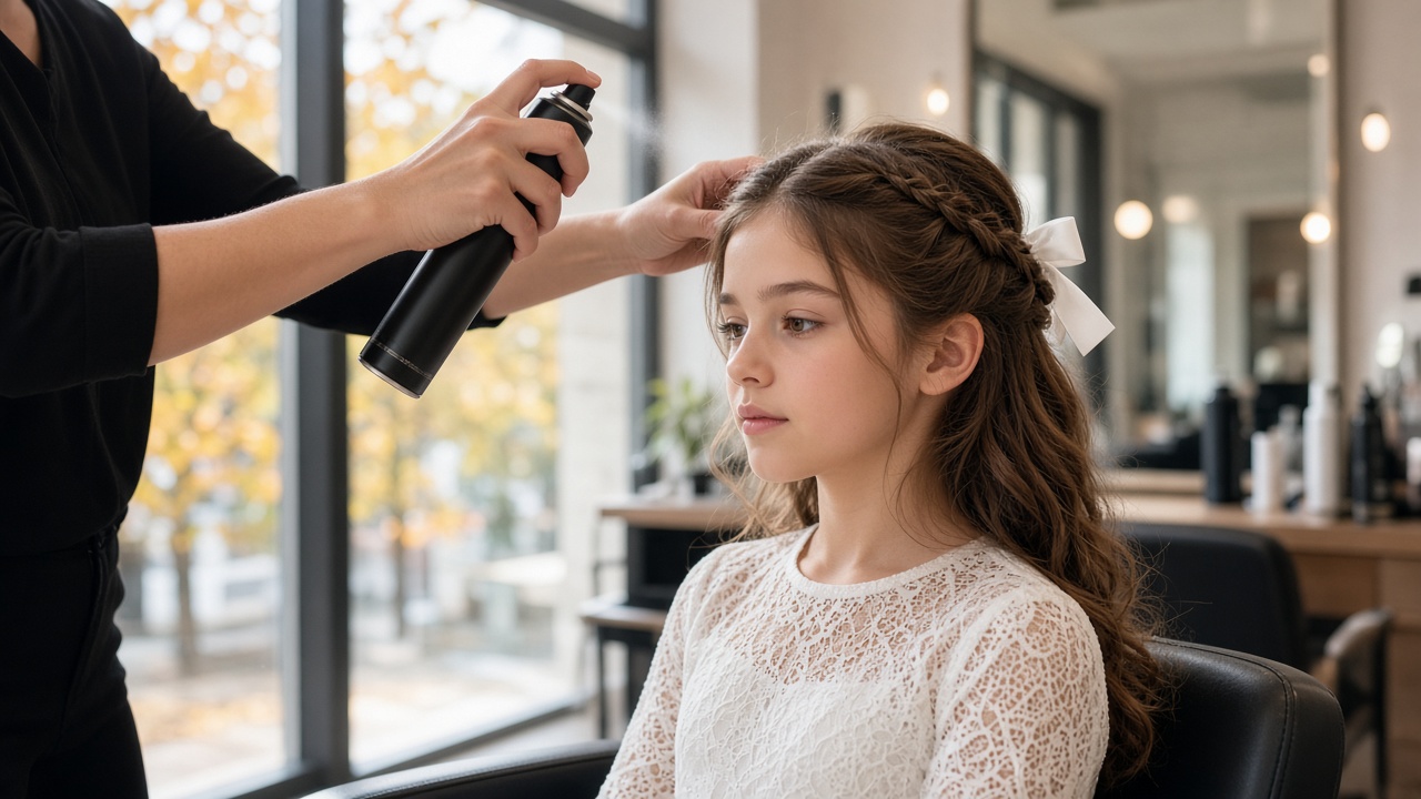Peinado de comunión con trenza y lazo en peluquería profesional