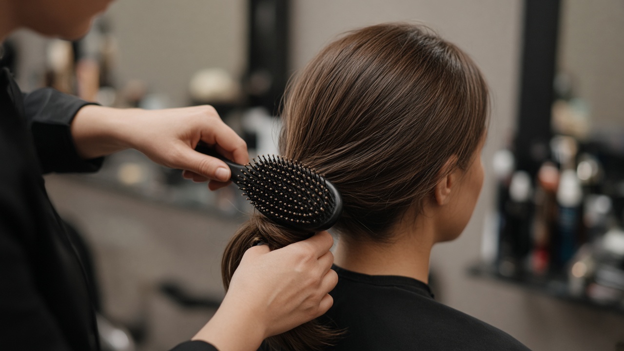 Estilista creando una coleta baja pulida para la vuelta al trabajo en peluquería