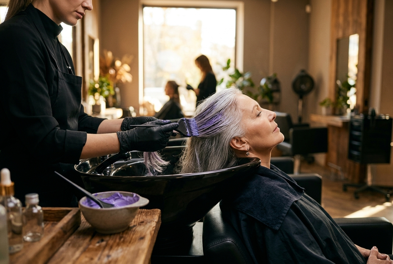Peluquera aplicando un tratamiento matizador a un mechón de cabello canoso en el salón