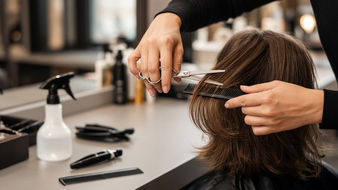 Manos de estilista creando capas texturizadas con tijera de entresacar y peine en peluquería profesional