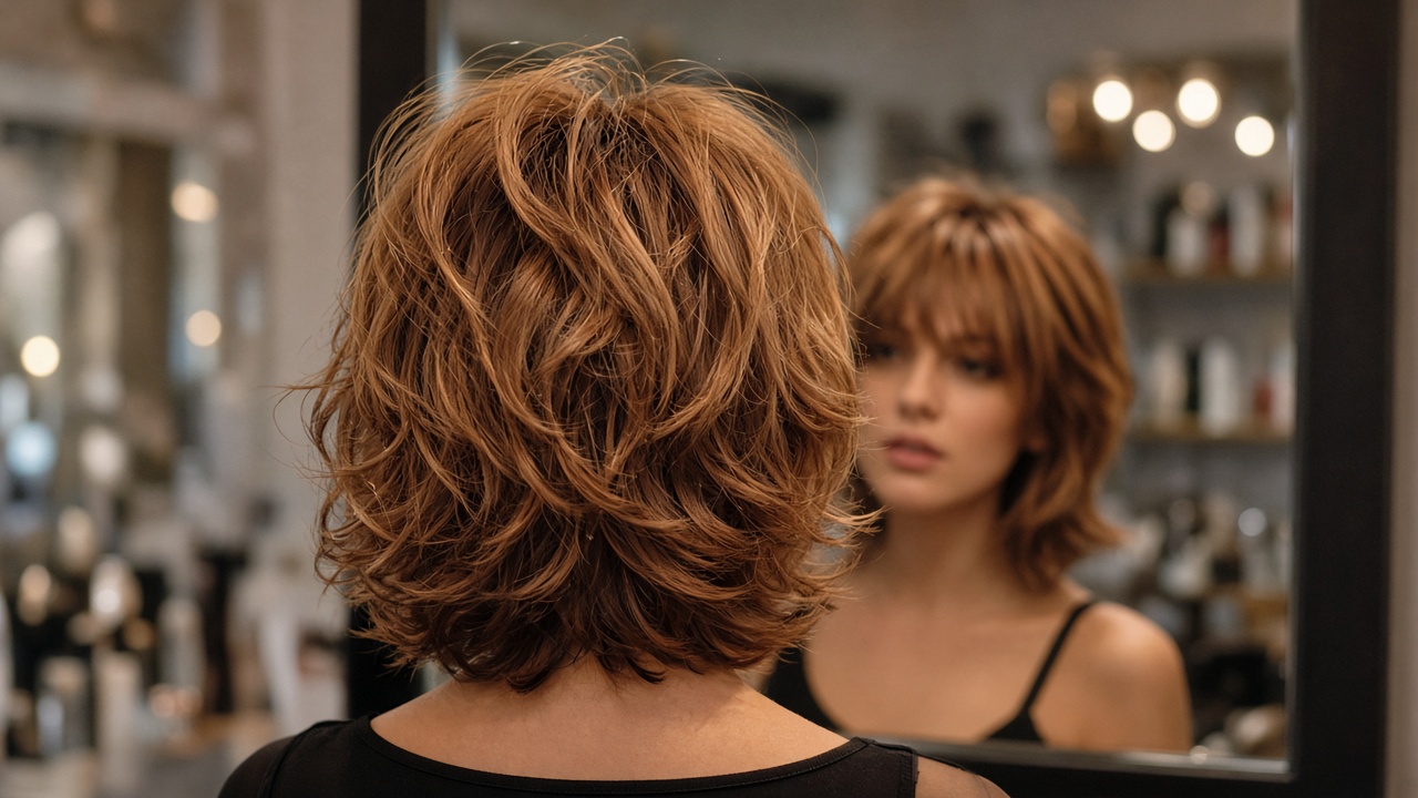 Mujer con shag wolf cut otoñal de capas texturizadas y color cobrizo caramelo vista desde atrás en peluquería