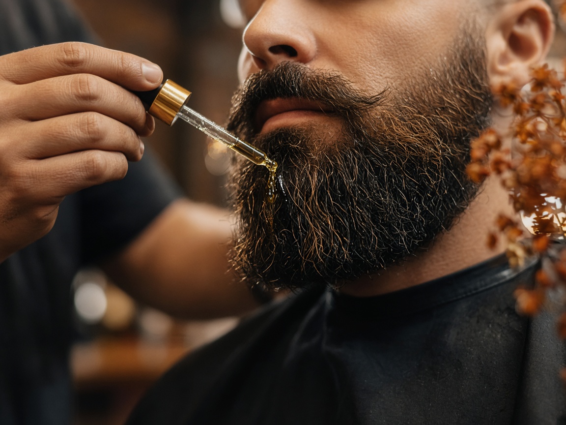 Barbero aplicando aceite nutritivo en una barba bien cuidada en salón